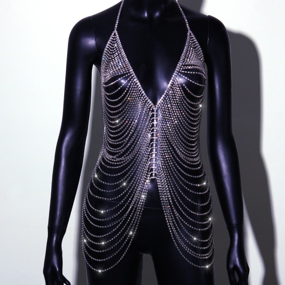 Bodies Tassel Rhinestone Harness Body Chain Skirt Crystal Bikini Dress Lingerie - Picture 6 of 7